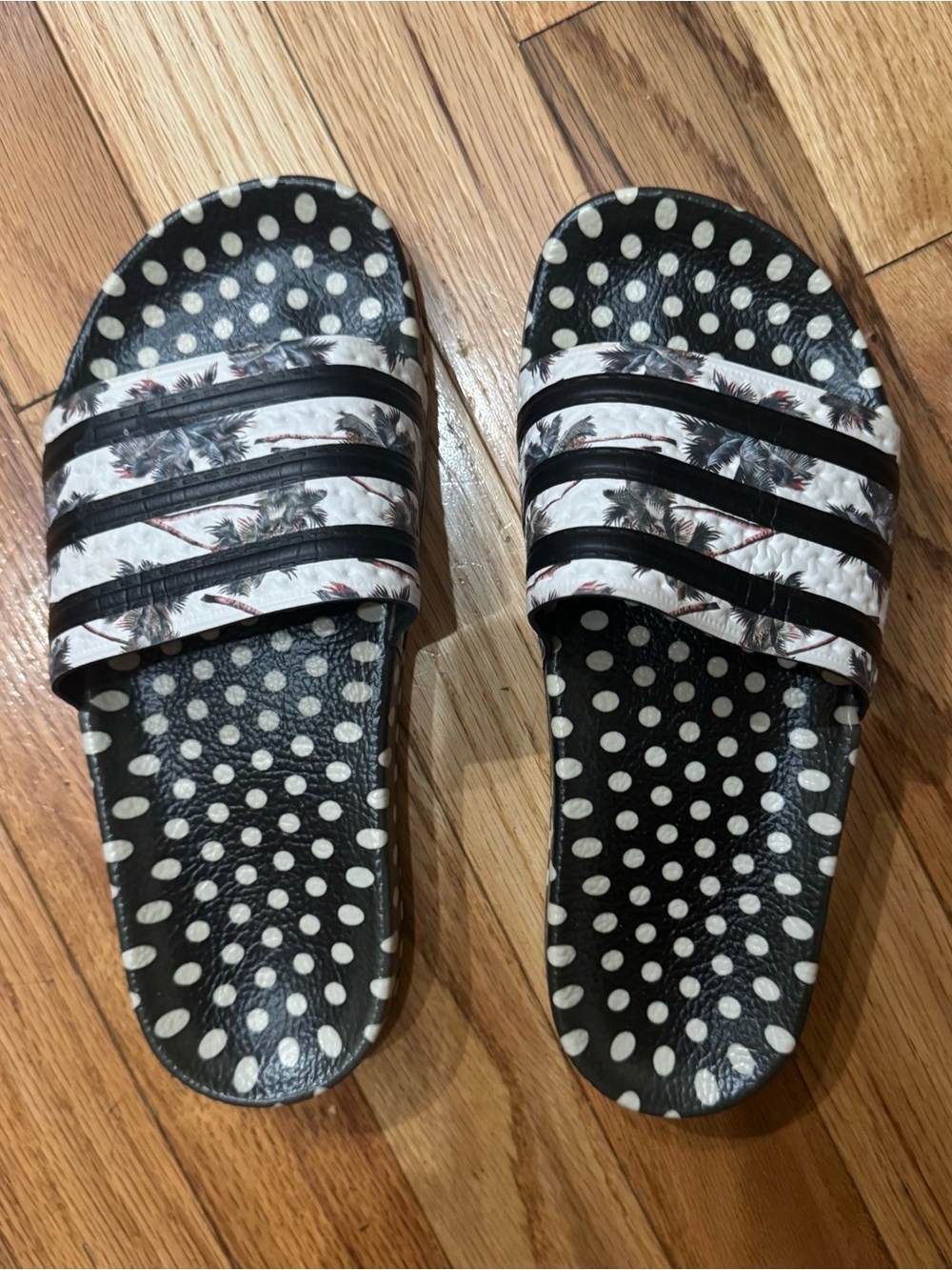 adidas Kids Black White Polka Dot Slide Sandals with Tropical Strap
